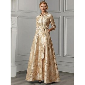 A-Line Floor Length Shirt Dress Formal Dresses Evening Gown Mother of the Bride Dress 3/4 Length Sleeve Shirt Collar Elegant Minimalist Formal Wedding Guest Se