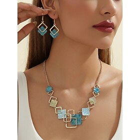 Women's Bohemian Geometric Square Jewelry Set, Gold Alloy Enamel Necklace Drop Earrings, Colorful Modern Statement Accessories for Vacation, Travel and Daily