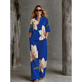 Women's Shirt Cotton Linen Sets Pants Sets Short Sleeve V Neck Floral Graphic Geometric Print Vacation Fashion Streetwear Casual Daily Outdoor Blue White Navy