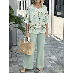 Women's Two Piece Sets Pants Sets Half Sleeve Butterfly Sleeve Round Neck Floral Graphic Ruffle Print Elegant Vacation Casual Daily Beach Purple Green Spring