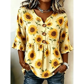 Easter Women's Shirt Floral Graphic Sunflower Vintage Stylish Long Sleeve V Neck Regular Tops Casual Daily Holiday Blue Yellow Green Summer Spring
