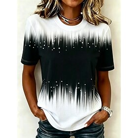 Women's T Shirt Print Graphic Geometric Striped Vintage Stylish Classic Short Sleeve Crew Neck Round Neck Long Tops Casual Daily Black and White Gray / White R