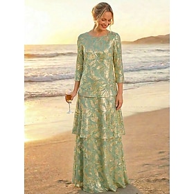 A-Line Floor Length Cocktail Dress Wedding Guest Dress Mother of the Bride Dress 3/4 Length Sleeve Crew Neck Elegant Formal Wedding Guest Semi Formal Foiled Je
