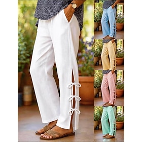 Women's Wide Leg Trousers Casual Pants Vacation Streetwear Full Length Natural Plain Pocket Elastic Waist Comfortable Inelastic Daily Office Vacation White Yel