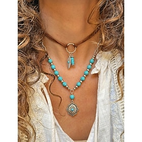 Women's Bohemian Layered Necklace with Turquoise Beads, Silver Chain, Feather Flower Pendant, Faux Suede Strap, Casual and Vacation