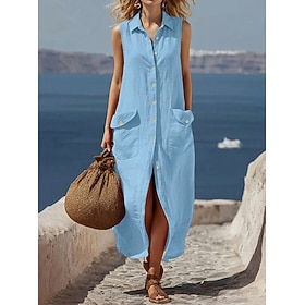 Women's Maxi Dress Casual Dress Vest Dress Summer Dress Basic Classic Daily Vacation Regular Fit Plain Sleeveless Shirt Collar Blue Black White Army Green Summ