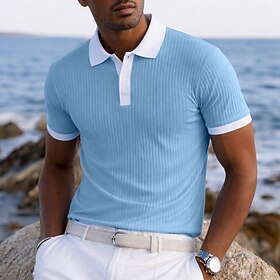 Men's Textured Golf Shirt Casual Work Ribbed Polo Collar Classic Short Sleeve Basic Modern Color Block Color Block Spring Summer Summer Regular Fit Blue White