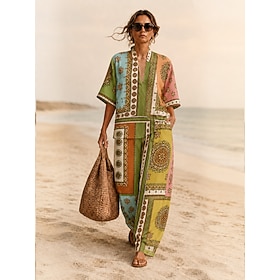 Femmes Chemise Ensembles en coton et lin Ensembles de Pantalons Manche Courte Col en V Fleuri Graphique Géométrique Imprimé Vacances Mode Streetwear Occasionne