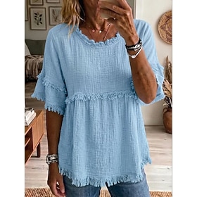 Women's T Shirt Ruffle Solid Color Fashion Stylish Casual Short Sleeve Crew Neck Regular Tops Casual Daily Blue Black White Pink Summer Spring