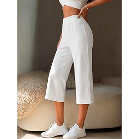 Women's Wide Leg Chinos Vacation Classic Style Basic Capris High Waist Plain Pocket Comfy Comfort Soft Stretchy Casual Gym Yoga Apricot Black White Army Green