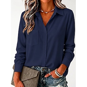 Women's Shirt Pocket Buttons Solid Color Elegant Stylish Business Long Sleeve Collar Regular Tops Daily Office Black White Dark Blue Summer Spring Fall