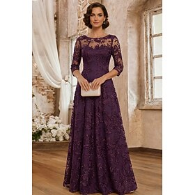 A-Line Dress Floor Length Lace Dress Mother of the Bride Dress 3/4 Length Sleeve Boat Neck Elegant Vintage Luxurious Formal Wedding Guest Semi Formal Lace with
