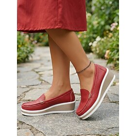Women's Red Faux Leather Wedge Loafers - Lightweight Slip-On Comfort Platform Shoes for Casual Wear, Travel and Everyday Use