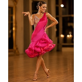 Dance Salsa Latin Dance Dress Fringed Tassel Crystals / Rhinestones Women's Training Performance Sleeveless High Spandex Tulle