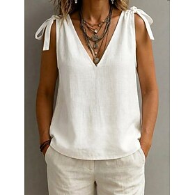 Women's Shirt Drawstring Bow Solid Color Vacation Tropical Sleeveless Plunging Neck Regular Tops Casual Daily Blue Black White Summer