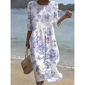 Women's Midi Dress Shift Dress Sundress Vacation Casual Beach Going out Loose Fit Floral Graphic 3/4 Length Sleeve Crewneck Red Purple Beige Summer Spring Fall