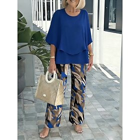 Women's Two Piece Sets Pants Sets Half Sleeve Butterfly Sleeve Round Neck Graphic Geometric Ruffle Print Elegant Vacation Casual Daily Beach Blue Spring  Summe
