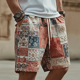 Men's Boho Color Block Patchwork Sweat Shorts Beach Shorts Terry Shorts Mid Waist Ethnic Retro Vintage Casual Beach Vacation Wear 3D Print Elastic Drawstring W