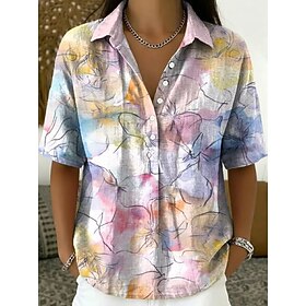 New Year Women's Shirt Buttons Print Floral Graphic Vintage Daily Stylish Short Sleeve Turndown Crop Tops Casual Daily Holiday Khaki Pink Green Summer Spring