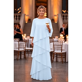 Sheath Column Floor Length Wedding Guest Dress Formal Dresses Evening Gown Mother of the Bride Dress 3/4 Length Sleeve Crew Neck Elegant Formal Chiffon with Ru