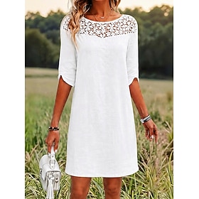 Women's Knee Length Dress Lace Dress White Dress Elegant Fashion Beach Vacation Holiday Regular Fit Plain Half Sleeve Crew Neck White Summer Spring