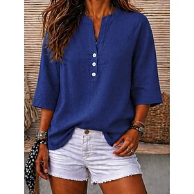Women's T Shirt Henley Shirt Blouse Tee Elegant Daily Basic Fashion Half Sleeve V Neck Crop Tops Casual Daily Beach Khaki Black Pink Royal Blue Purple Summer S