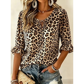 Women's Shirt Pullover Graphic Leopard Bohemia Vacation Vintage Long Sleeve Crew Neck V Neck Square Neck Regular Tops Casual Daily Holiday Brown Summer Spring