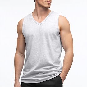 Men's Tank Sleeveless V Neck Summer Solid Color Casual / Sporty Slim Daily Home Black White Light Green Top Tee for Men