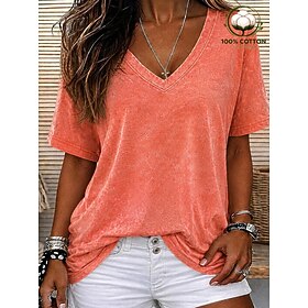 Women's T Shirt Cotton Shirt Tee Top Ruched Solid Color Plain Vintage Fashion Stylish Short Sleeve V Neck Crop Tops Casual Daily Going out Blue Black Purple Or