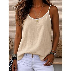 Women's Shirt Blouse Embroidered Solid Color Plain Vintage Sleeveless Scoop Neck Crop Tops Coffee brown Hemp natural color Navy Blue Apricot Summer Spring