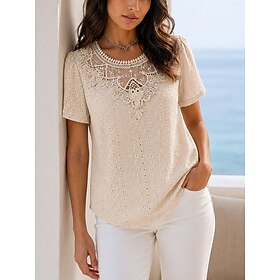 Women's Blouse Jacquard Lace Plain Vintage Stylish Casual Short Sleeve V Neck Regular Tops Casual Daily Black White Pink Beige Summer Spring