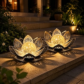 2 Pcs Solar Lotus Garden Lights Outdoor, Metal Hollow Flower Pathway Lights with Crackle Glass Globe, Waterproof Solar Powered Decorative Landscape Lights for