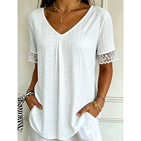 Women's T Shirt Lace Solid Color Vintage Stylish Casual Short Sleeve V Neck Regular Tops Casual Daily Blue White Pink Purple Summer Spring