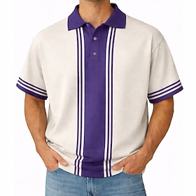 Men's Bowling Shirt Polo Shirts Casual Holiday Turndown Short Sleeve Basic Modern Color Block Vertical Stripes Color Block Buttons Summer Spring Blue Black Pur