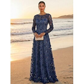 A-Line Dress Floor Length Party Dress Cocktail Dress Mother of the Bride Dress Long Sleeve Crew Neck Elegant Vintage Luxurious Formal Wedding Guest Engagement