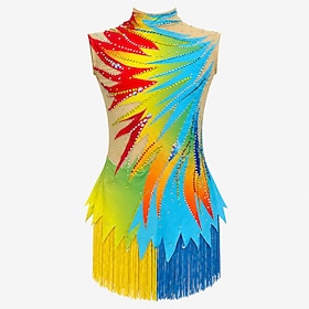 Robe de patinage artistique Femmes Fille Patinage Robe Plusieurs Couleurs Gland Élastique Entraînement Compétition Tenue de Patinage cristal pailleté Sans manc