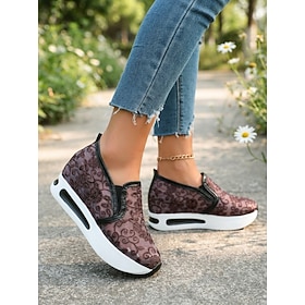 Women's Brown Floral Embroidered Mesh Wedge Sneakers - Slip-On Casual Shoes with Hidden Heel Platform, Lightweight Non-Slip Walking Shoes for Everyday Wear and