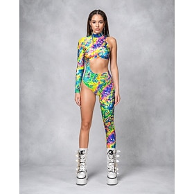 Body Costume tutina Stampa Con ritagli Per donna Neon Asimmetrico Rave Grafico Astratto Costume per Festival Musicale Feste Discoteca Halloween Carnev
