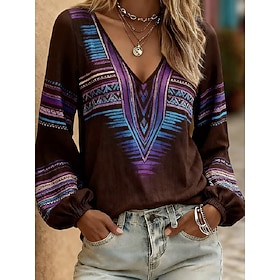 Women's Shirt Print Graphic Geometric Abstract Bohemia Vacation Vintage Long Sleeve Lantern Sleeve V Neck Regular Tops Casual Daily Holiday Yellow Red Purple G