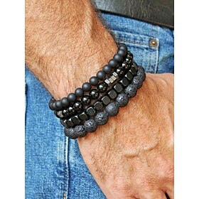 Men's 4Pcs Boho Natural Stone Bracelet Set - Black Lava Rock  Matte Onyx Beads Stackable Stretch Wristbands for Summer Beach, Daily Casual, Yoga  Meditation Je
