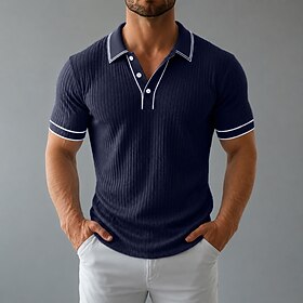 Men's Polo Shirts Rib Knit Top Holiday Lapel Ribbed Polo Collar Short Sleeve Basic Modern Plain Buttons Breathable Spring  Summer Spring Blue White Wine Navy B