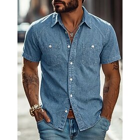 DenimTone™ Men Shirt Casual Shirt Button Up Shirt Acid Wash Shirt Blue Black Light Green Purple Green Short Sleeve Plain Shirt Collar Casual Daily Front Pocket