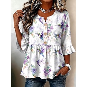 Women's Shirt Floral Graphic Vintage Stylish 3/4 Length Sleeve V Neck Crop Tops Casual Daily Holiday Pink Red Purple Summer Spring