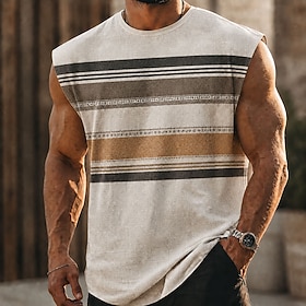 Men's Boho Striped Undershirt Sleeveless T shirt 3D Print Crew Neck Shirt Vacation Fashion Daily Holiday Blue Red Brown Spring Summer Clothing Apparel S M L X