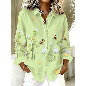 Women's Shirt Blouse Patchwork Buttons Print Floral Graphic Bee Vintage Tropical Daily Long Sleeve Shirt Collar Regular Tops Casual Daily Blue Light Green Pink