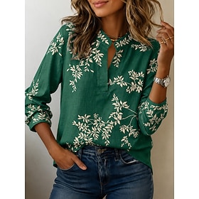 Women's Shirt Print Ombre Floral Graphic Vintage Stylish Long Sleeve V Neck Mandarin Collar Regular Tops Casual Daily Holiday White Light Green Dark Green Summ