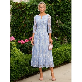 A-Line Dress Floor Length Tea Length Lace Dress Cocktail Dress Mother of the Bride Dress 3/4 Length Sleeve Crew Neck V Neck Elegant Simple Casual Formal Weddin