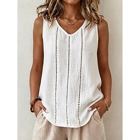Women's Cotton Linen Vest T Shirt Tank Top Tee Elegant Bohemia Fashion Sleeveless V Neck Regular Tops Casual Daily Beach Blue Black White Navy Blue Purple Summ