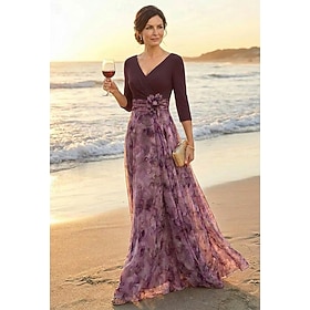 A-Line Dress Floor Length Wedding Guest Dress Evening Gown Mother of the Bride Dress 3/4 Length Sleeve V Neck Elegant Simple Embellished Formal Wedding Guest H