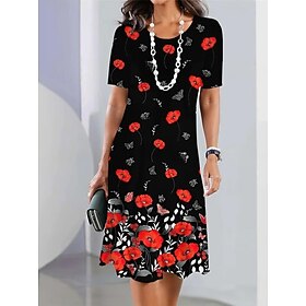 Women's Midi Dress Shift Dress T Shirt Dress Tee Dress Vacation Casual Formal Outdoor Beach Party Standard Fit Floral Graphic Short Sleeve Crewneck Black And W